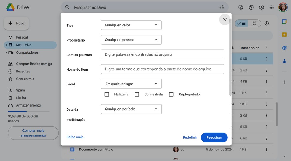 Pesquisa Avançada do Google Drive conta com diversos filtros — Foto: Reprodução/Júlia Silveira