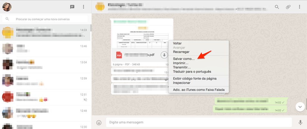 Depois de enviar por mensagem, abra o WhatsApp no computador e salve o arquivo (Foto: Gabriella Fiszman/ TechTudo) — Foto: TechTudo