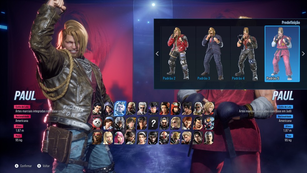 Tekken 8: quem não curtiu o visual padrão dos personagens pode selecionar outras skin pré-definidas ou customizar a sua própria — Foto: Reprodução/Paulo Junior
