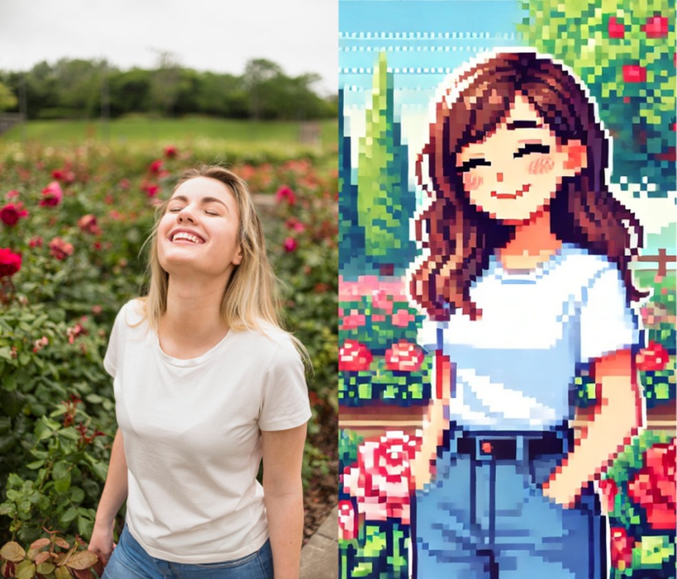 A Pixel Art, conhecida por imagens formadas completamente por pixels, está disponível no ChatGPT; é possível deixar qualquer elemento com essa estética — Foto: Reprodução/Mariana Tralback
