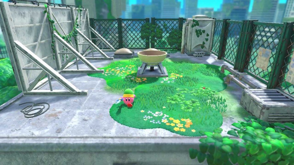 Kirby and the Forgotten Land traz mecânicas inéditas de exploração 3D e recompensa a exploração do cenário — Foto: Reprodução/Bruno Magalhães