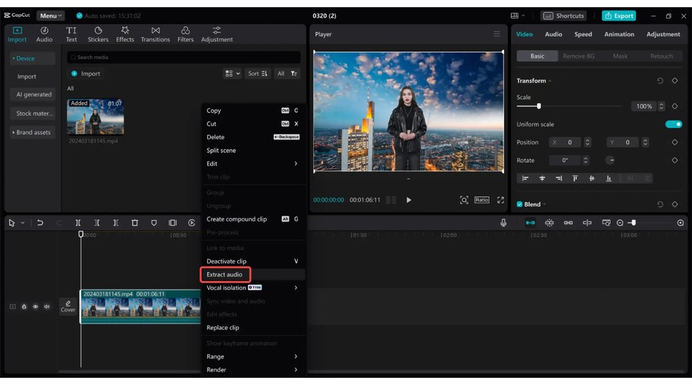 Editor de vídeos CapCut também pode ser utilizado para converter conteúdos do YouTube em MP3 — Foto: Reprodução/CapCut
