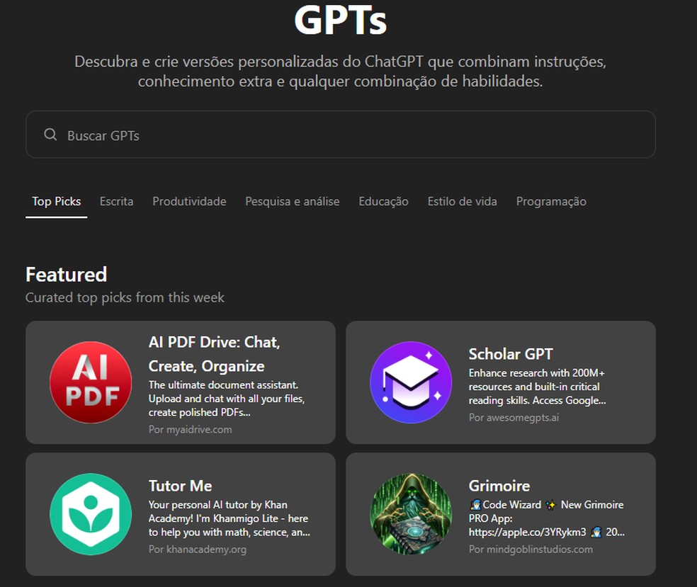 A aba "Explore GPT" fornece ao usuário um vasto catálogo com opções de IAs diferentes — Foto: Reprodução/Gabriel Pereira