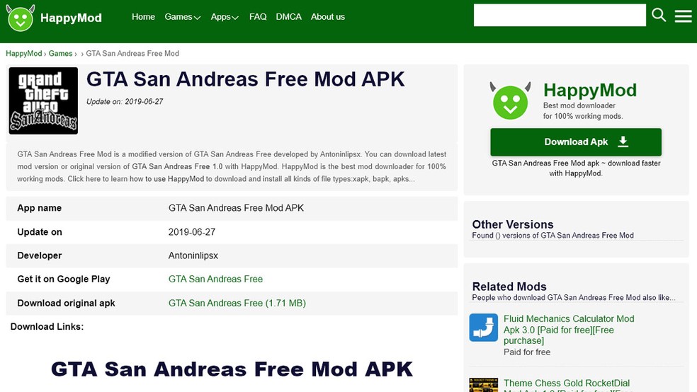 Sites de mods prometem versão grátis de GTA: San Andreas para Android por APK, mas oferecem riscos — Foto: Reprodução/Rafael Monteiro
