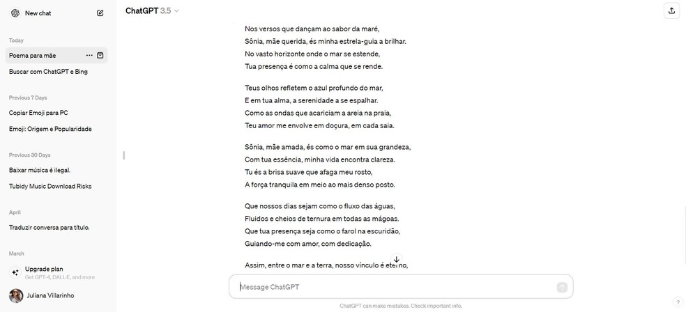 O ChatGPT pode te ajudar a compor uma poesia especial para sua mãe — Foto: Reprodução/Juliana Villarinho