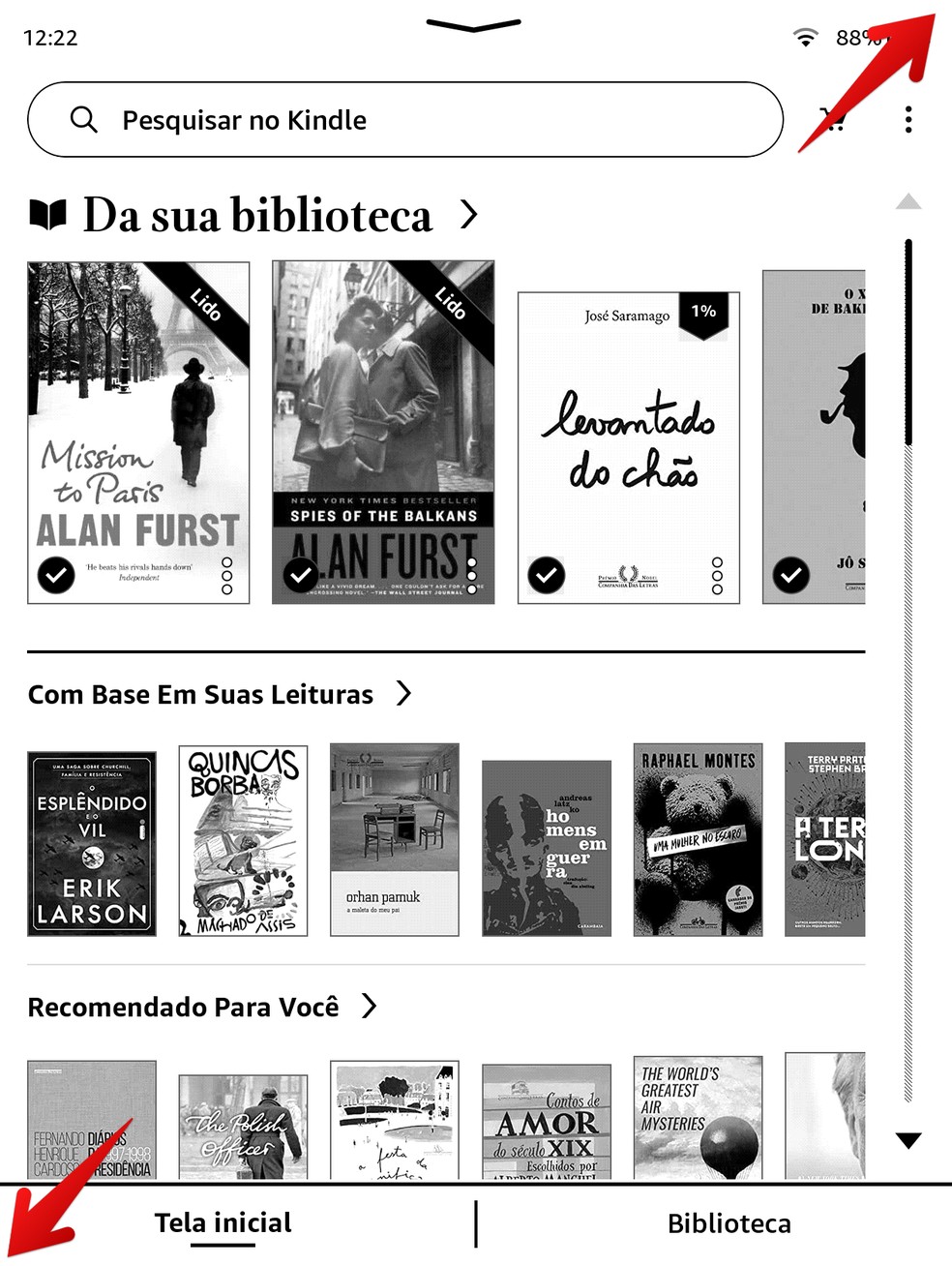 Movimento para capturar tela no Kindle — Foto: Reprodução/TechTudo