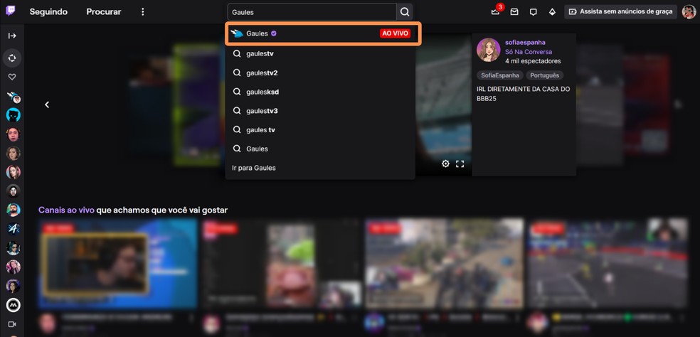 'Onde assistir Brasil x Colômbia na Kings League ao vivo?' Busque por 'Gaules' ou 'oestagiario' no campo de busca da plataforma — Foto: Reprodução/Róbson Martins