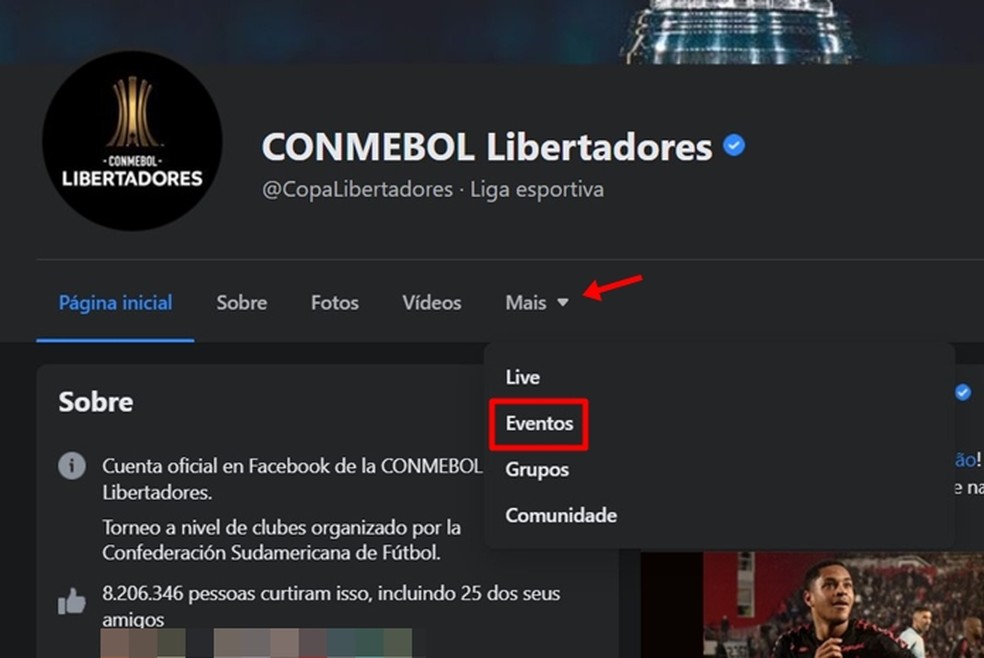 Dentro da aba "Mais", usuário acessa o menu de eventos ao vivo da página da Conmebol no Facebook — Foto: Reprodução/Gabriela Andrade