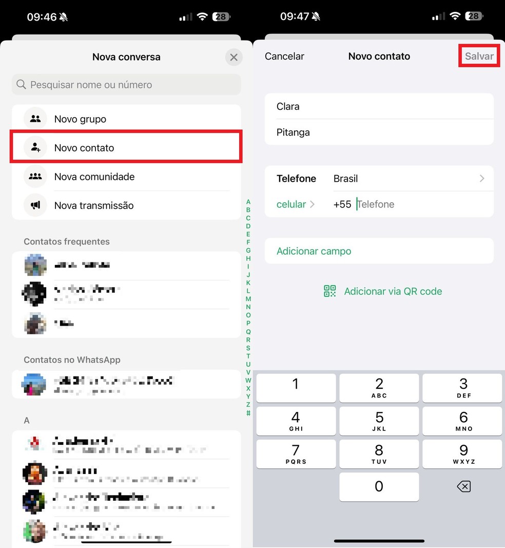 Adicione o seu próprio número de contato no WhatsApp para iniciar um chat consigo mesmo — Foto: Reprodução/Clara Fabro