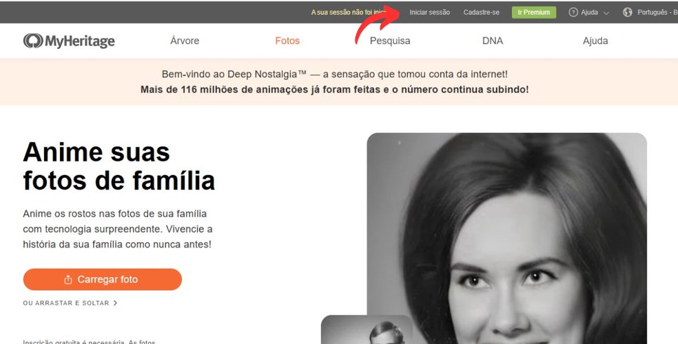 Acesso ao login/cadastro no Deep Nostalgia do Myheritage — Foto: Reprodução/Millena Borges
