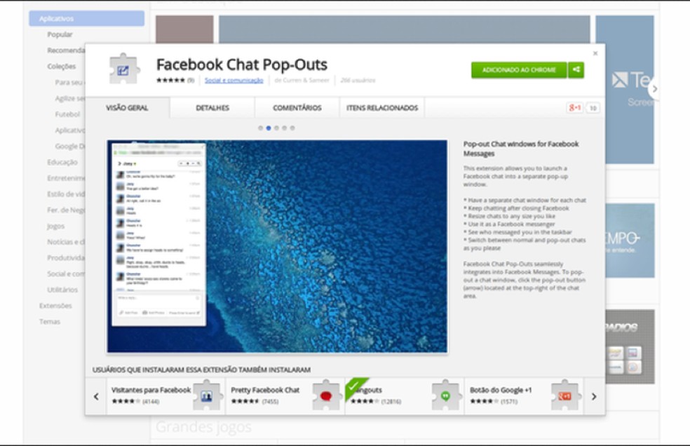 Facebook Chat Pop-Outs, plugin para Google Chrome, leva bate-papo ao desktop (Foto: Reprodução/ChromeWebStore) — Foto: TechTudo