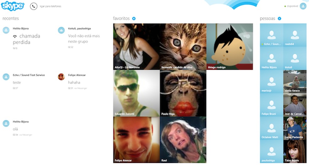 Interface principal do Skype (Foto: Reprodução/Helito Bijora) — Foto: TechTudo