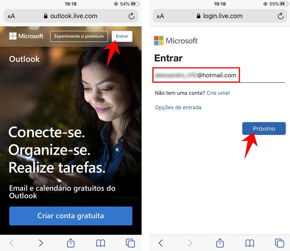 Entrando no Hotmail pelo site do Outlook no celular — Foto: Reprodução/Rodrigo Fernandes