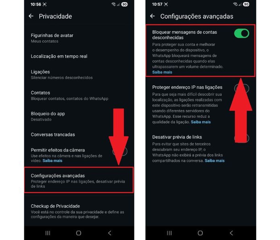 Habilite o bloqueio de mensagens de contas desconhecidas — Foto: Reprodução/Diego Cataldo