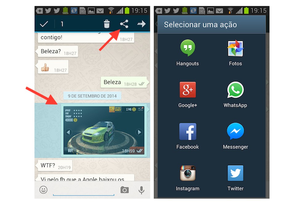 Compartilhando uma imagem do chat do WhatsApp com as rede sociais no Android (Foto: Reprodução/Marvin Costa) — Foto: TechTudo