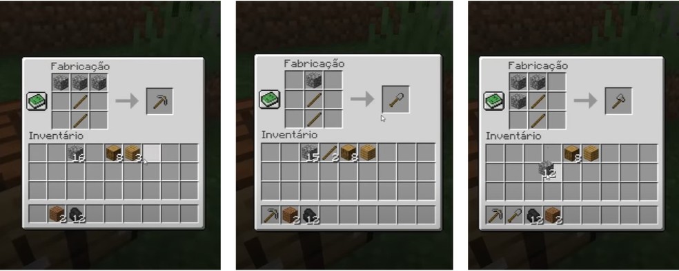 Criando picareta de pedra, pá e machado no Minecraft — Foto: Reprodução/YouTube