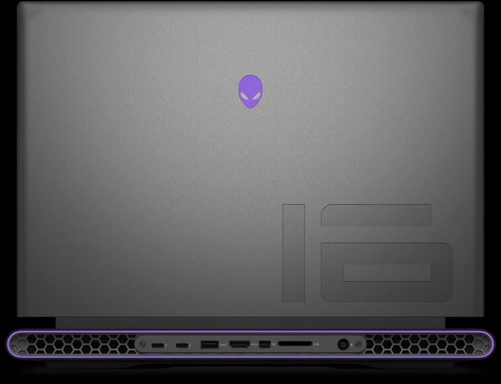 Tampa do Alienware m16 tem cabeça do alien e linha ao redor das conexões iluminadas — Foto: Divulgação/Dell