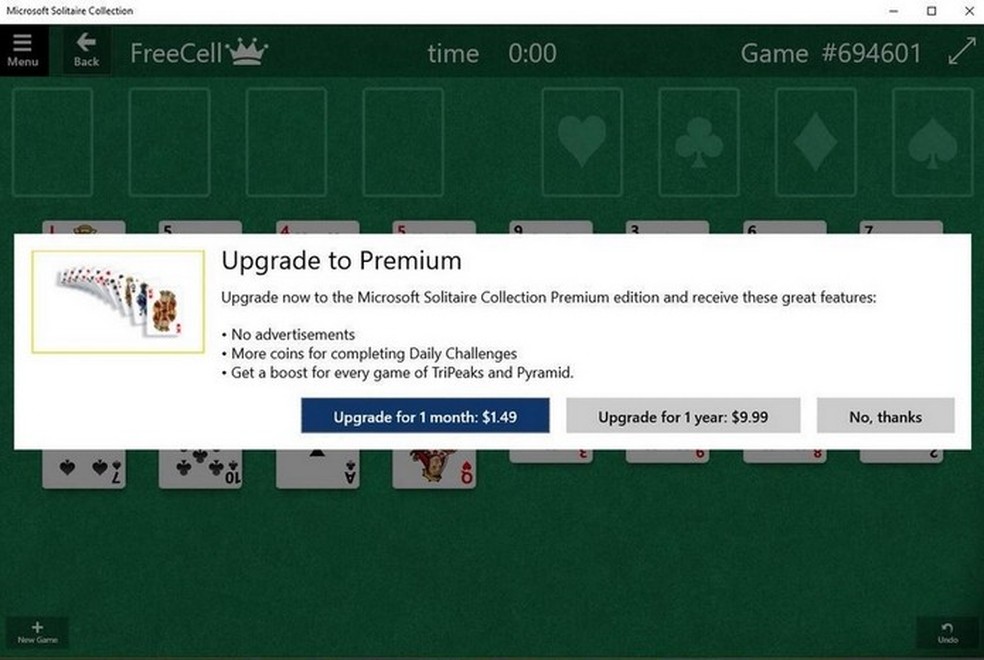 Freecell e Paciência, jogos clássicos, ganham versão paga no Windows 10