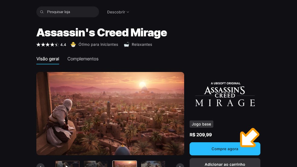 Na página de Assassin’s Creed Mirage na Epic Games Store clique no botão "Compre agora" do lado direito das imagens, e complete a compra do jogo para poder baixá-lo em seu PC — Foto: Reprodução/Rafael Monteiro