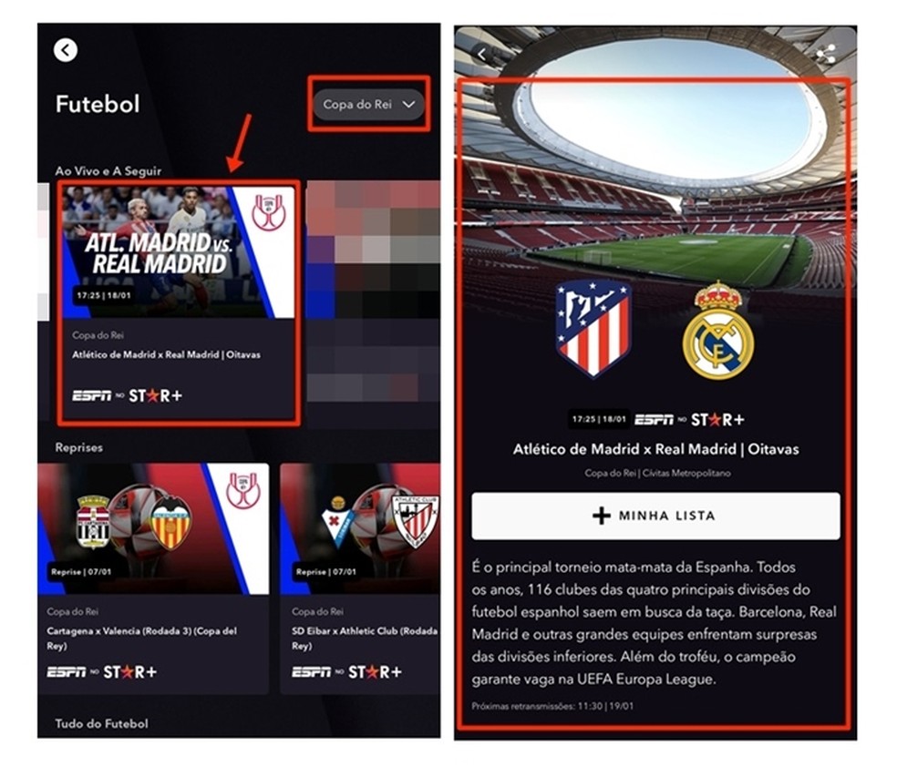 Com o destaque de Atlético de Madrid x Real Madrid selecionado, público assiste a transmissão ao vivo na hora marcada — Foto: Reprodução/Gabriela Andrade