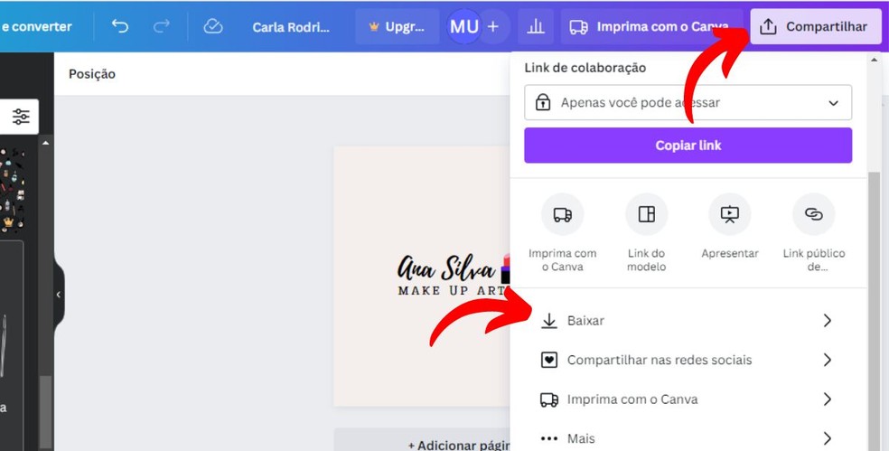 Opção de download está no menu superior ao acessar a opção Compartilhar — Foto: Reprodução/Millena Borges
