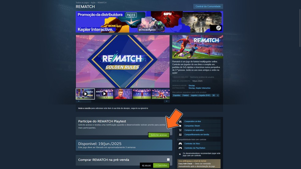 Acesse a página de Rematch no Steam e clique no botão "Solicitar acesso" para jogar o Beta — Foto: Reprodução/Bruno Magalhães