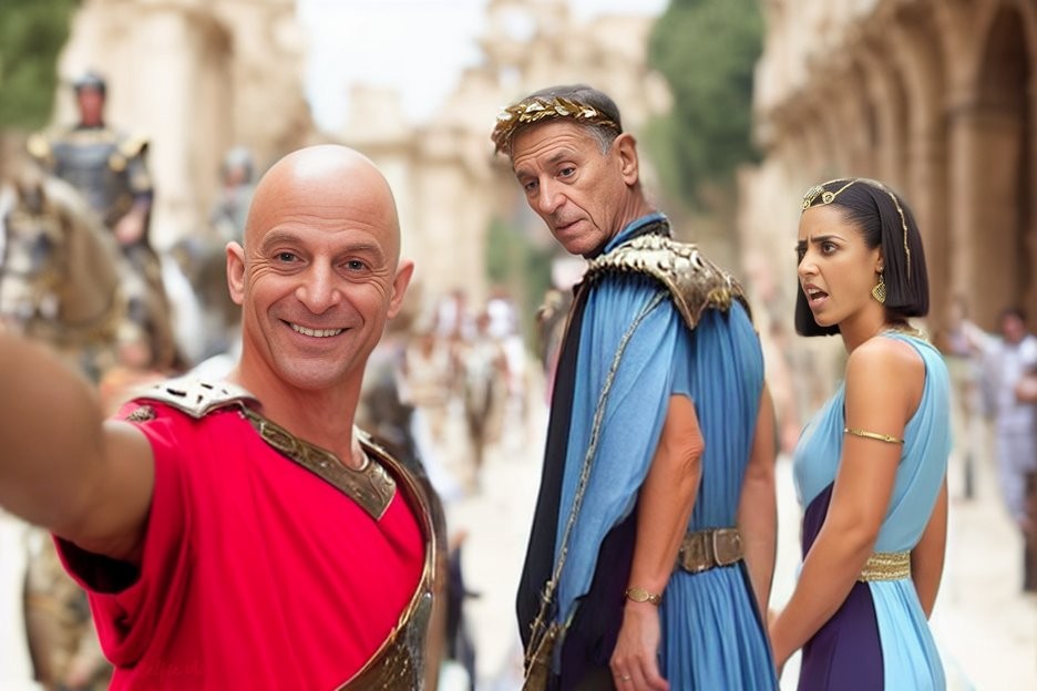 Na Roma Antiga, o viajante atraiu os olhadores do imperador Júlio Cesar, recriando o famoso meme e deixando Cleópatra furiosa — Foto: Reprodução/Twitter