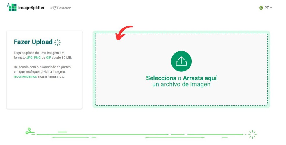 Área de upload de imagem para edição no ImageSplitter — Foto: Reprodução/Millena Borges