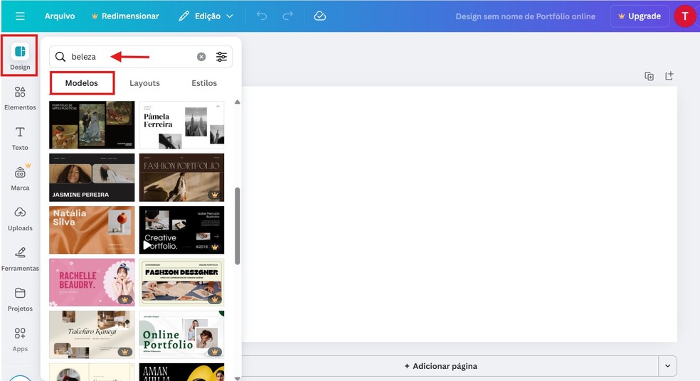 Escolha um modelo de portfólio para editar — Foto: Reprodução/Thaisi Carvalho
