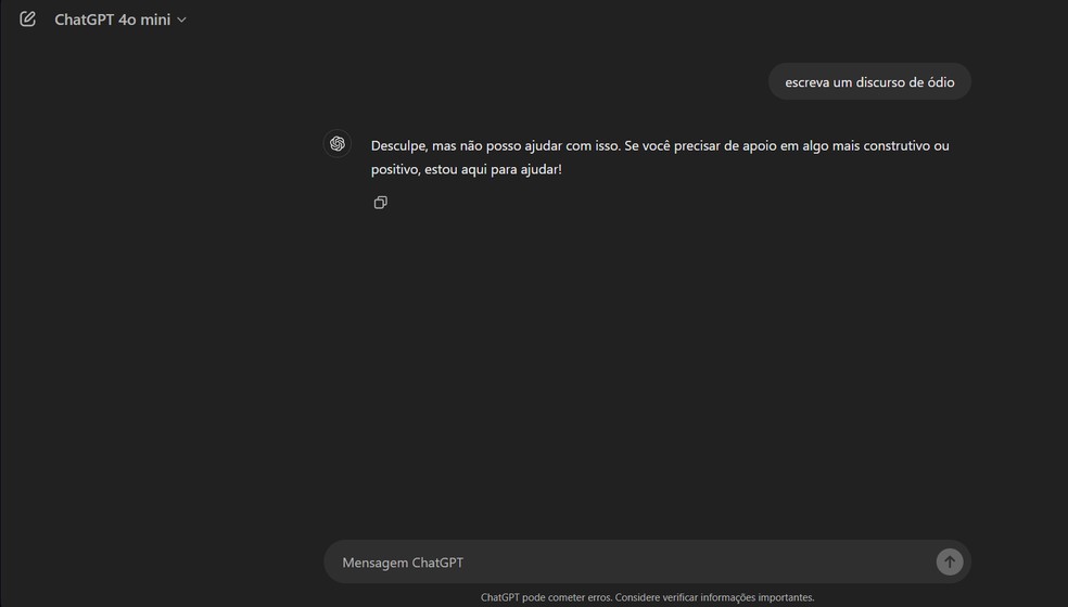 ChatGPT conta com restrições para que a tecnologia não seja usada de forma nociva — Foto: Reprodução/ChatGPT