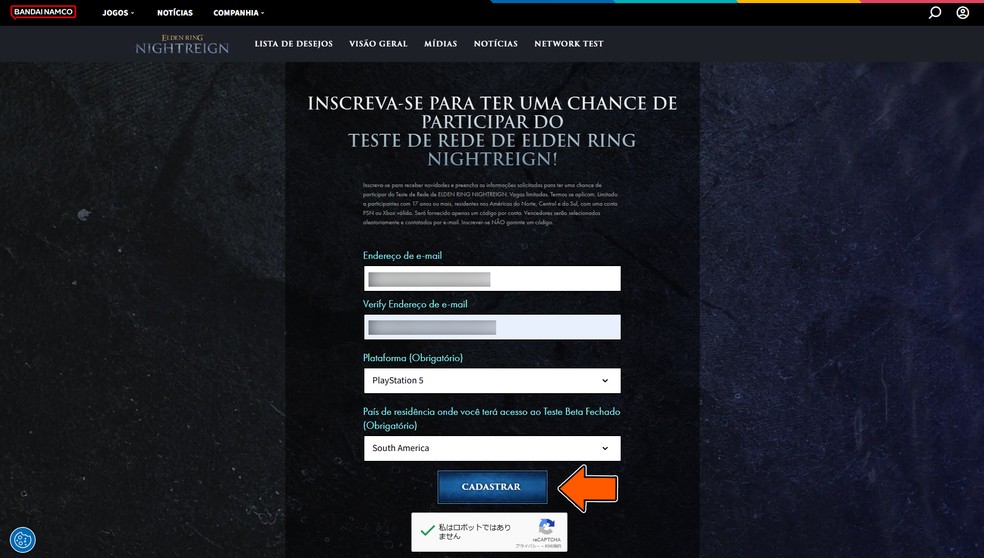 Preencha o formulário para participar do teste de rede de Elden Ring Nightreign — Foto: Reprodução/Bruno Magalhães