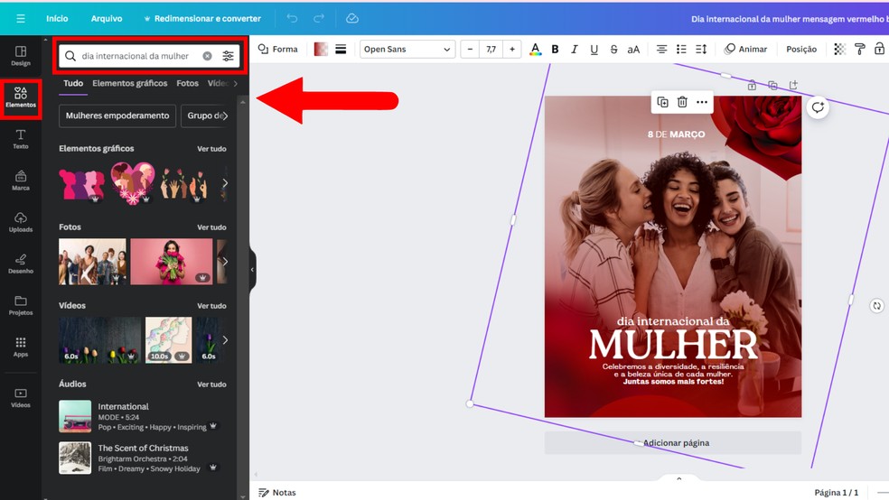Utilize elementos do Canva para personalizar seu cartão — Foto: Reprodução/Júlia Silveira