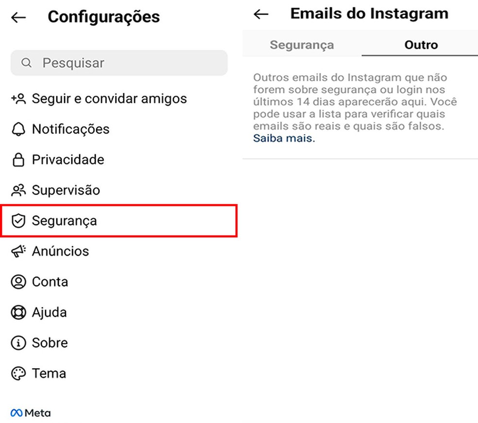 Aba do Instagram oferece confirmação de e-mails oficiais  — Foto: Reprodução/Flávia Fernandes