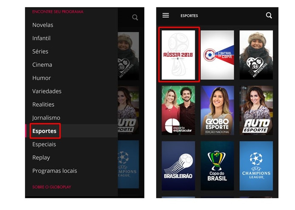 Ação para acessar conteúdos sobre a Copa da Rússia no aplicativo Globoplay para celular — Foto: Reprodução/Taysa Coelho