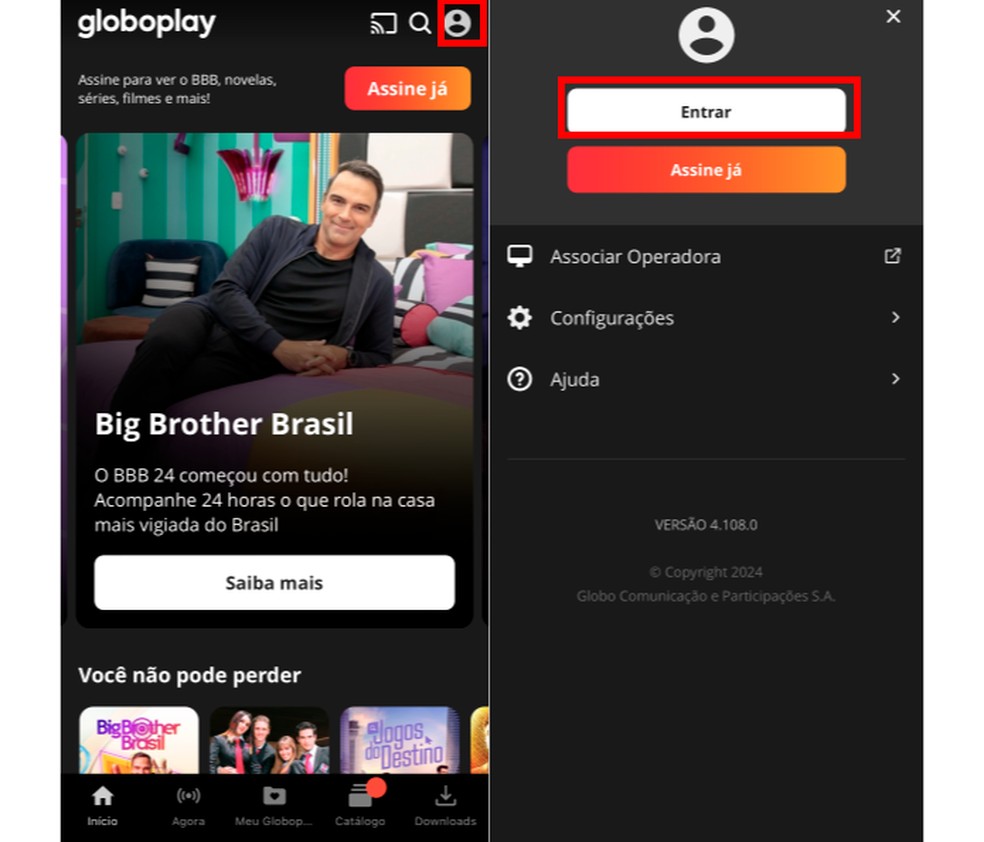 BBB 24 online grátis: faça login no Globoplay com uma Conta Globo para rever programas e assistir conteúdos exclusivos — Foto: Reprodução/Yuri Neri