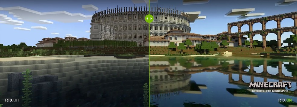 Comparativo do jogo Minecraft com ray tracing desligado (à esquerda) e ligado (à direita) — Foto: Divulgação/Nvidia