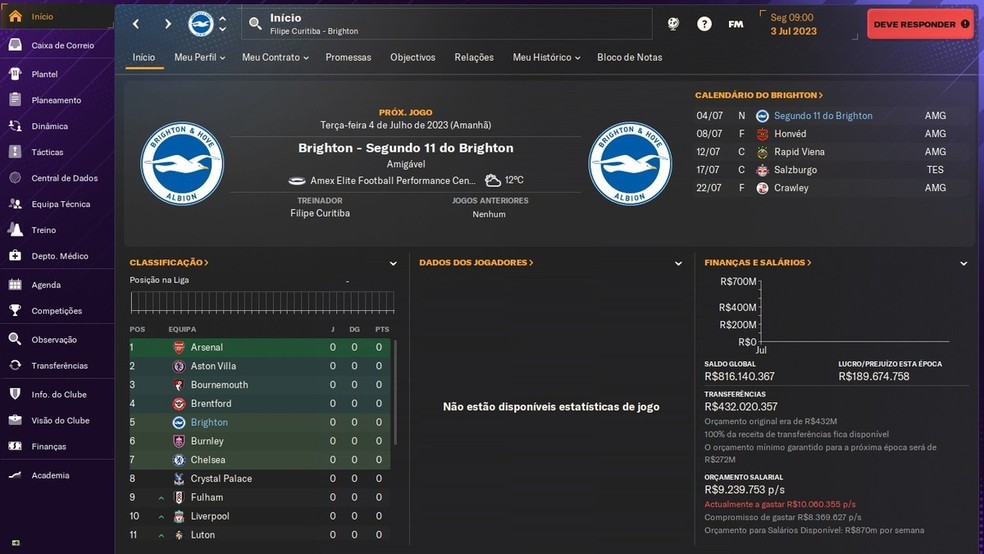 O Brighton é um dos times com mais dinheiro na temporada inicial de Football Manager 2024 — Foto: Reprodução/Filipe Curitiba