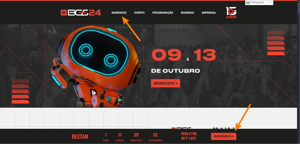 Clique na aba 'Ingressos' — Foto: Reprodução/Róbson Martins