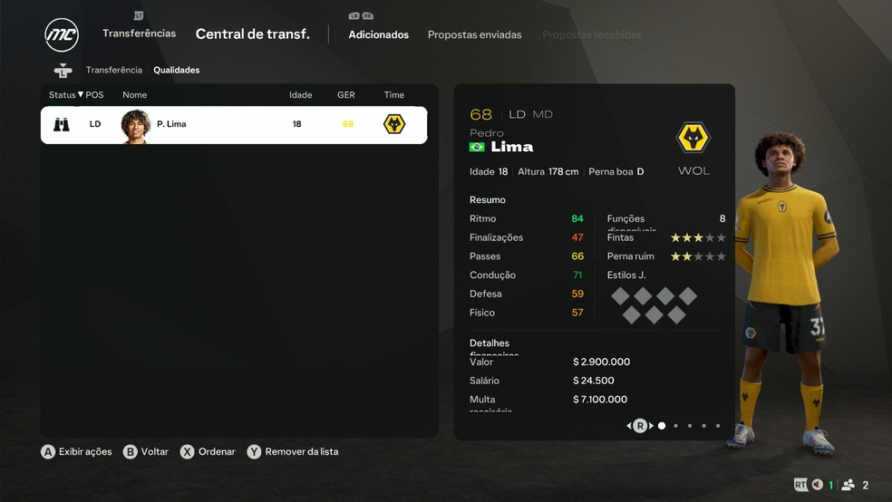 Melhores promessas para a defesa no Modo Carreira do EA FC 25: Pedro Lima, do Wolves — Foto: Reprodução/Luccas Melo
