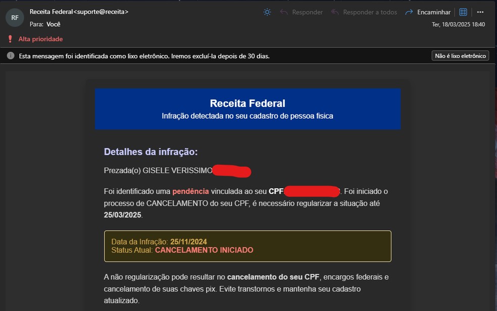 E-mail sobre cancelamento de CPF é golpe; veja como se proteger — Foto: Reprodução/Gisele Veríssimo