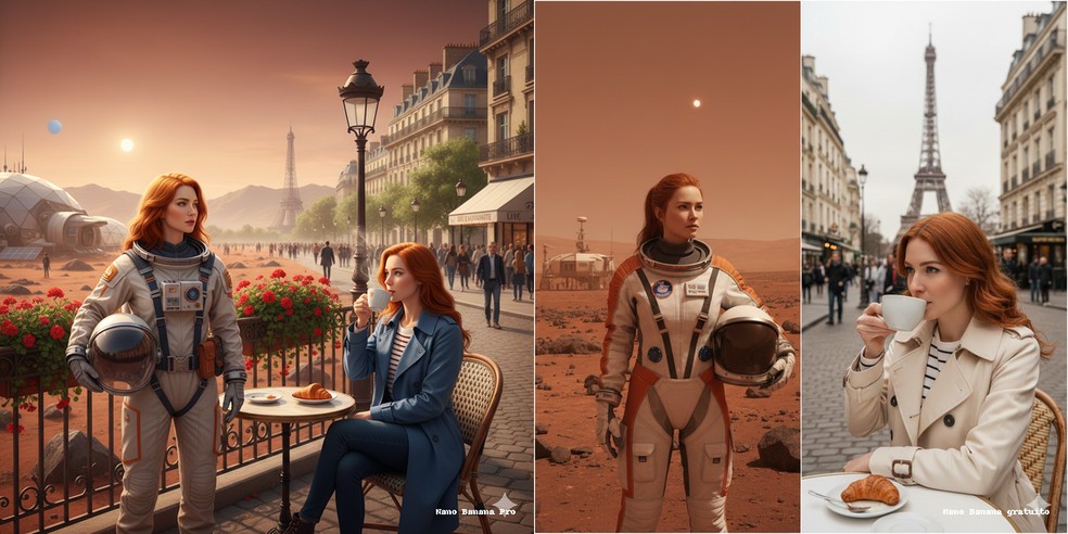 Nano Banana Pro à esquerda / Nano Banana gratuito à direita — Foto: Sandra Mastrogiacomo/TechTudo