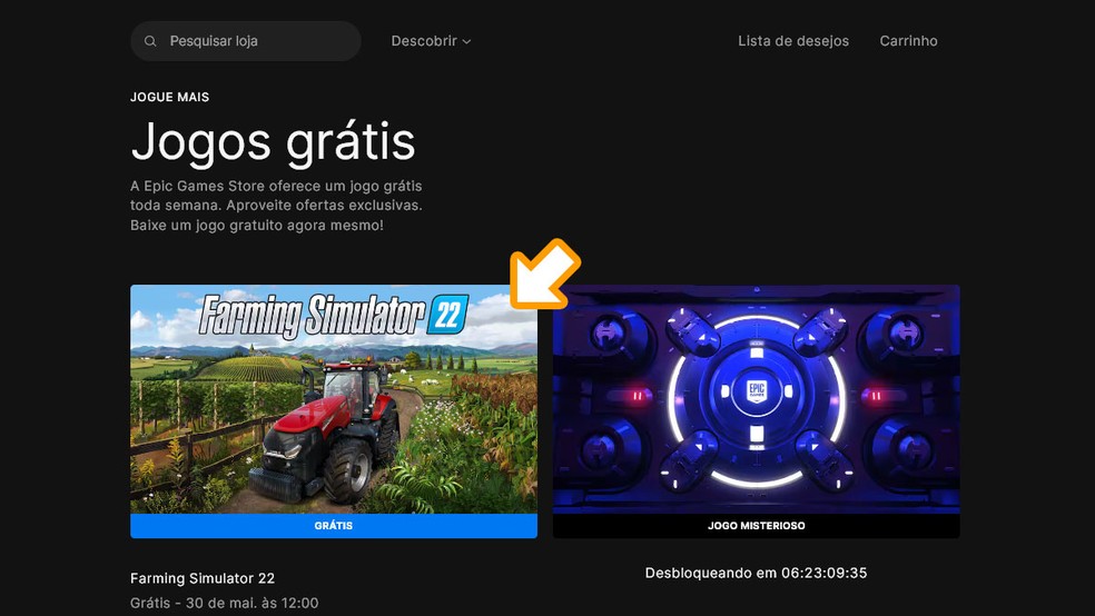 Acesse a página de games grátis da Epic Games Store e selecione Farming Simulator 22 — Foto: Reprodução/Rafael Monteiro