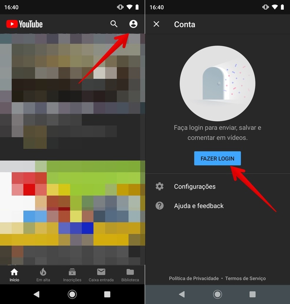 Fazendo login no YouTube pelo aplicativo — Foto: Reprodução/Helito Beggiora
