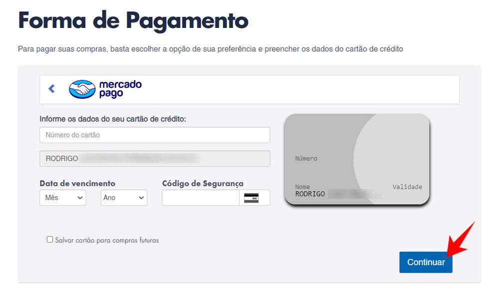 Informe os dados do pagamento e clique em "Continuar" para finalizar o jogo da Mega-Sena da Virada — Foto: Reprodução/Rodrigo Fernandes