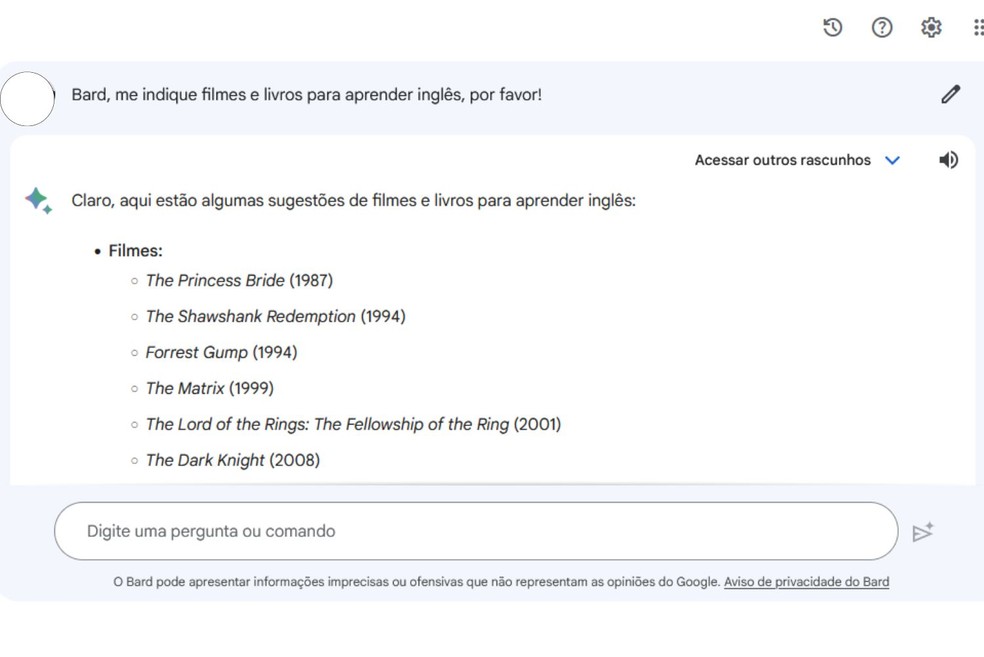 O Google Bard dá indicações de filmes para estudar inglês — Foto: Reprodução/Júlio César Gonsalves