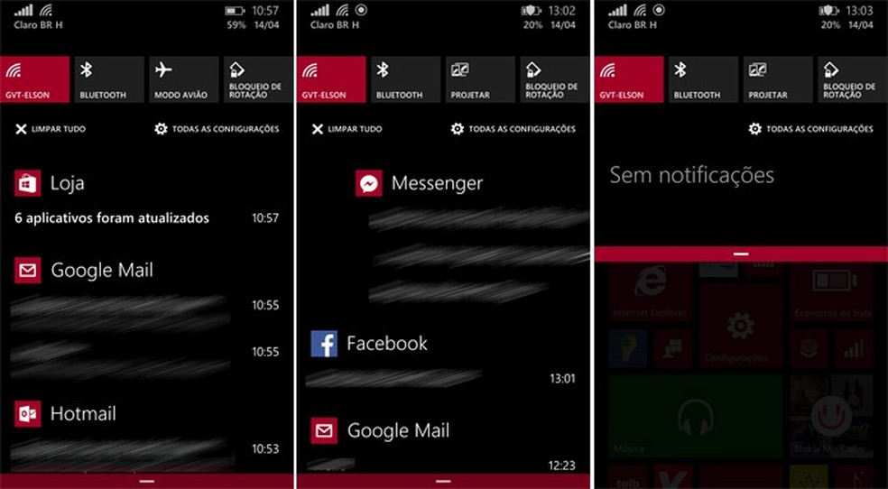 Windows Phone 8.1 traz central de notificações que promete melhorar os alertas do usuário (Foto: Reprodução/Elson) — Foto: TechTudo