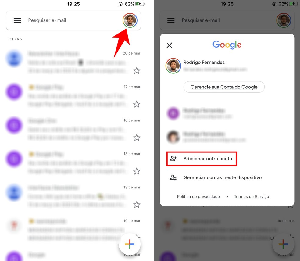 Adicionando uma nova conta de e-mail ao app do Gmail — Foto: Reprodução/Rodrigo Fernandes