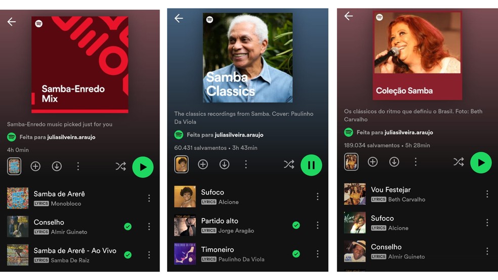 Playlists do Spotify com temática de Samba — Foto: Reprodução/Júlia Silveira