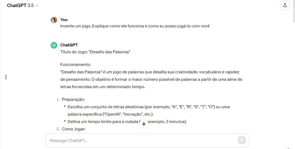 O ChatGPT também é capaz de inventar um jogo quando requisitado — Foto: Reprodução/Millena Borges