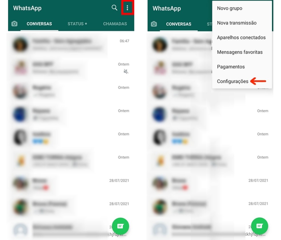 Acesso ao menu de configurações do WhatsApp  — Foto: Reprodução/Raquel Freire